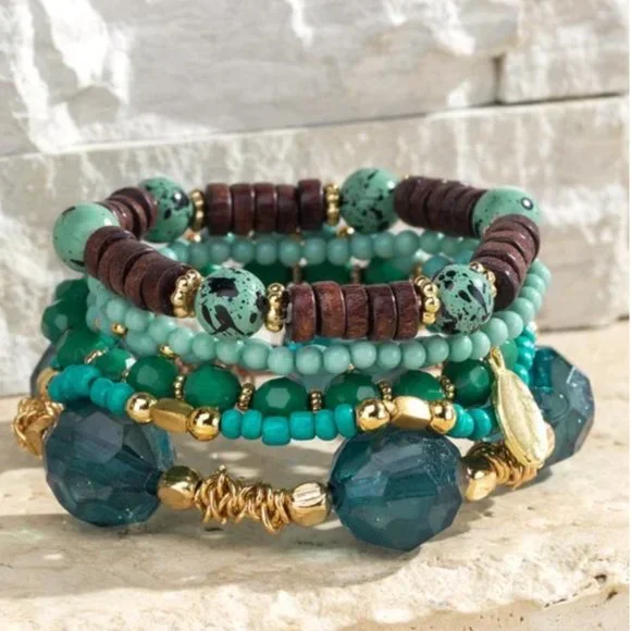 Deep Blue Sea Beaded Stretch Bracelet Set w Gold Tone Metal Pendant - Picture 1 of 3